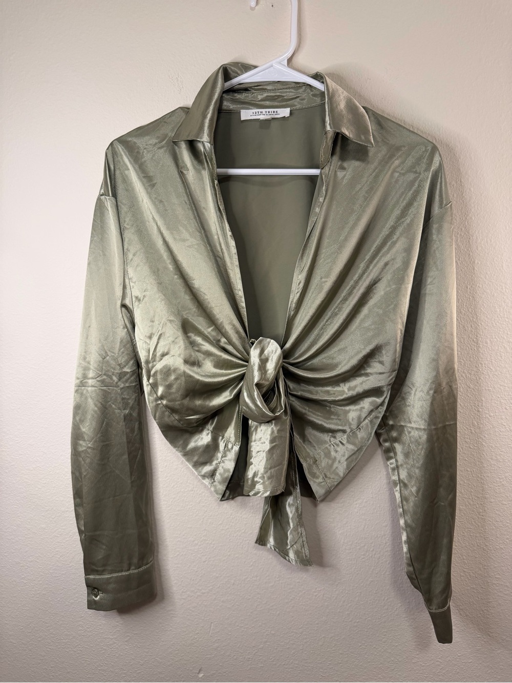 12th Tribe Olive Satin Tie-Front Button Down Shirt